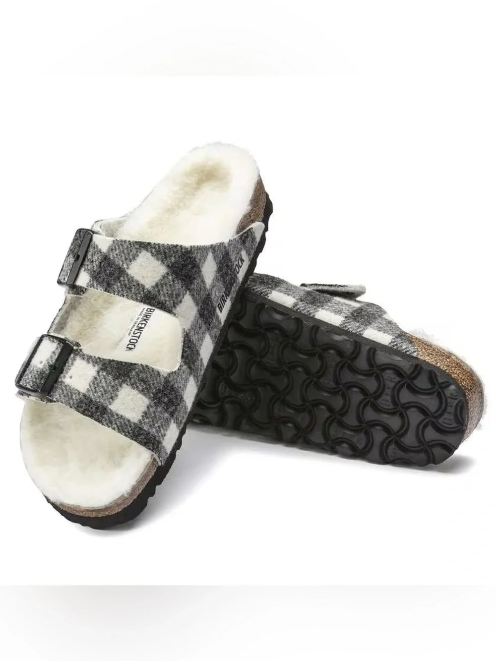 Birkenstock Arizona Sterling Wool Fleece Lined Slide Sandal Black White Plaid 38